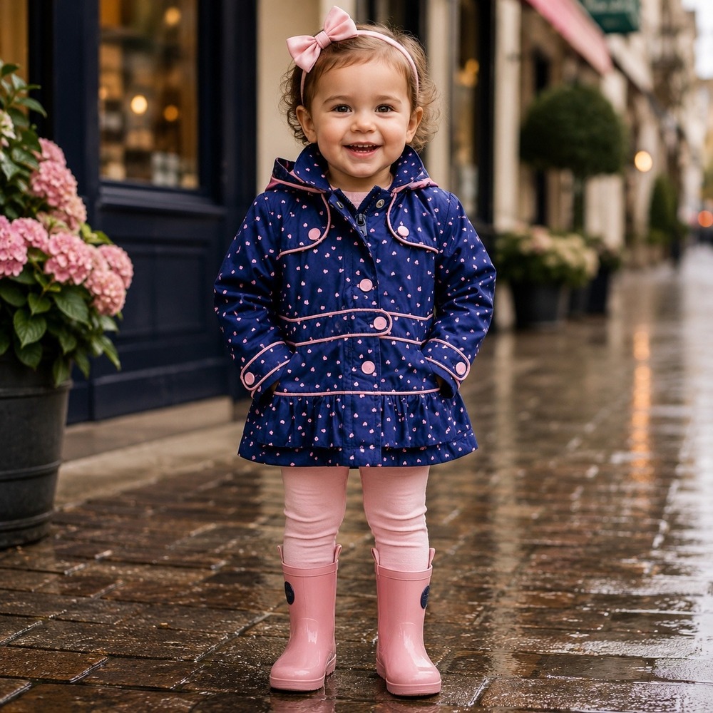London Fog Girls Size 3T Navy Heart Hooded Fleece Lined Raincoat Peplum Preppy
